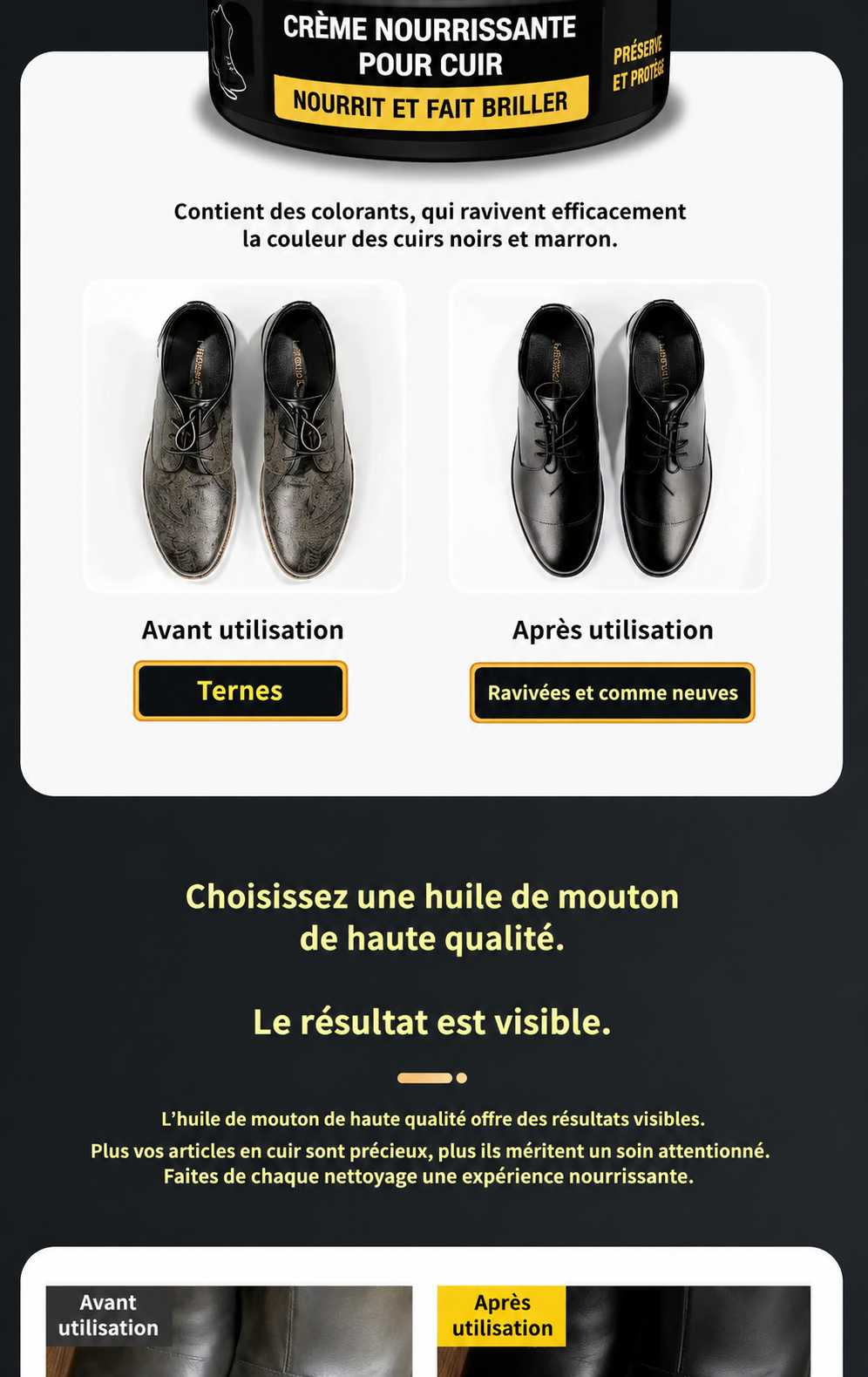 Crème de soin des chaussures en cuir, polisseuse haute brillance, vernis à chaussures, avertissement, siège de voiture, remise à neuf des meubles, réparation du cuir